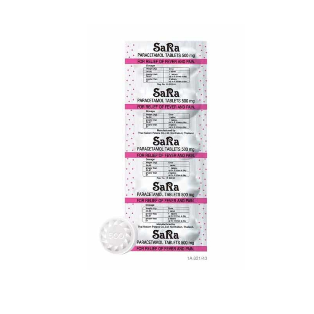 Sara paracetamol 500 mg ซาร่า พาราเซตามอล 1 แผง 10 เม็ด ซาร่า เม็ดกลม / เม็ดรี