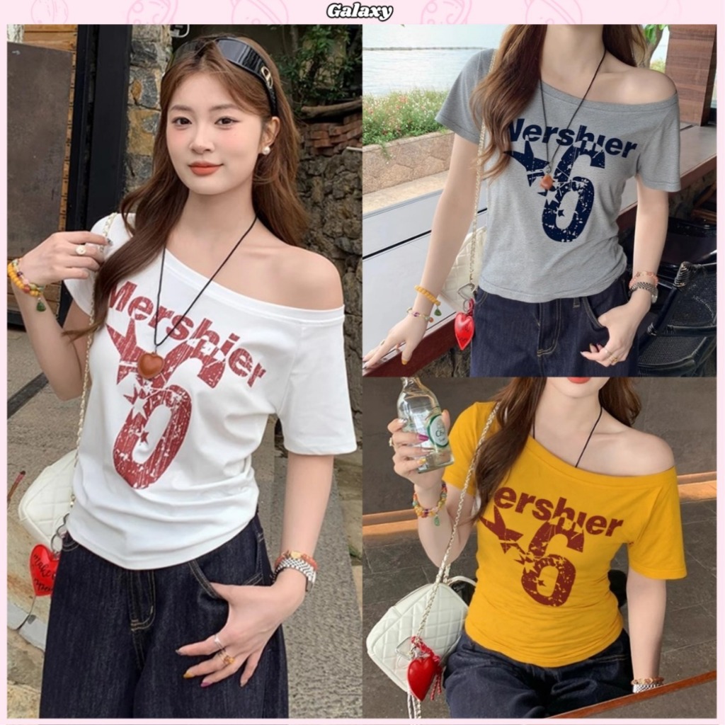 เสือยืดเเขนสั้น เสื้อยืดปาดใหล่ ทรงหลวม กันเเดด ลายอักษร เนื้อผ้านิ่ม #020320