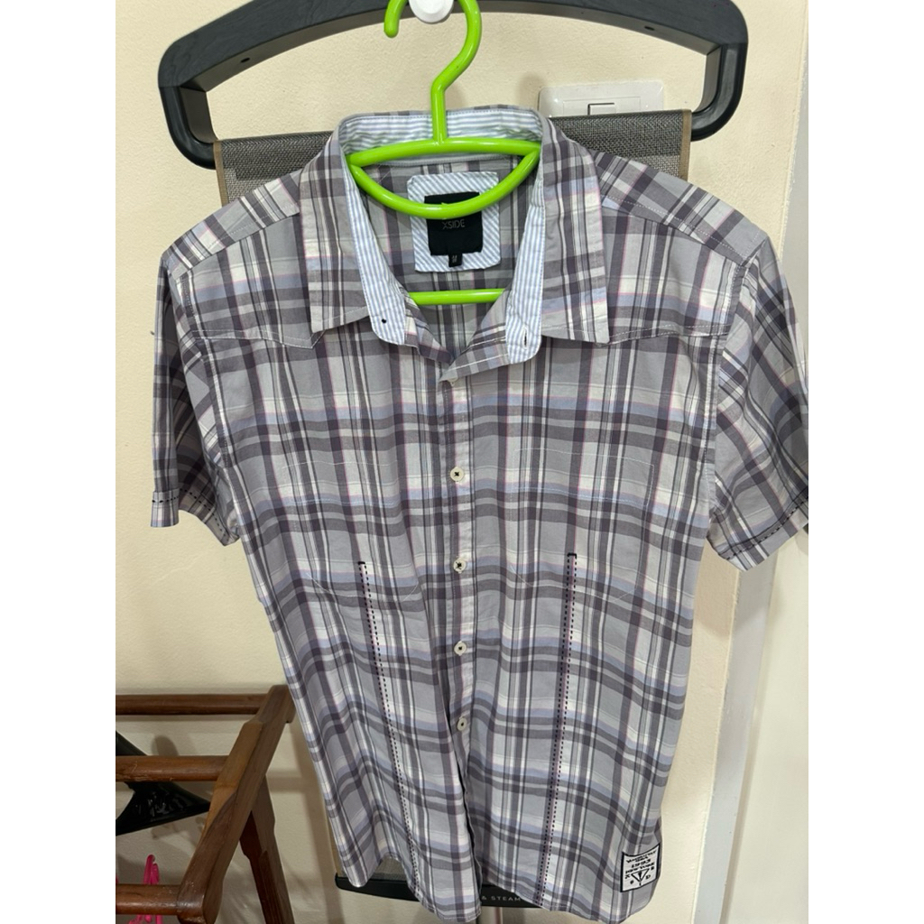 เสื้อเชิ้ตแขนสั้นตราสก็อตม่วงอ่อนแบรนด์XSIDEไซต์Mรอบอก38ความยาว26.5งานใหม่สินค้าจากโรงงาน