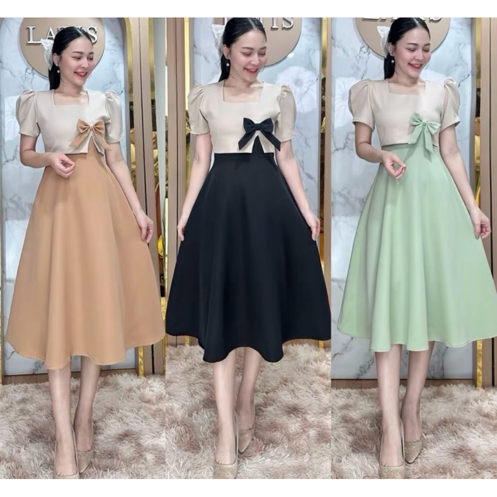 ชุดเดรสกั๊กแต่งโบว์น่ารัก ผ้านุ่มใส่สบาย ใส่ออกงานใส่ทำงานได้ ยาว43