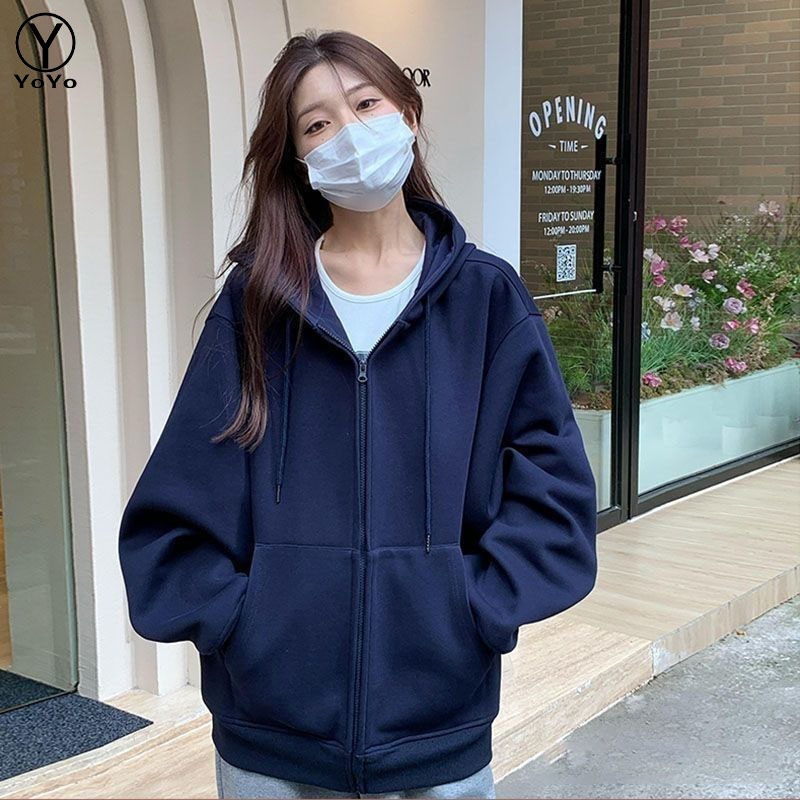 YOYO เสื้อคลุมผู้หญิง เสื้อกันหนาวลำลองแบบหลวมมีซิปเสื้อฮู้ดขนแกะ รุ่น2838