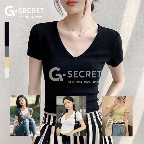 พร้อมส่ง เสื้อยืด แขนสั้น คอวี สไตล์เกาหลี เข้ารูปสีพื้น ทรงเบสิค สำหรับผู้หญิง แฟชั่นฤดูร้อน