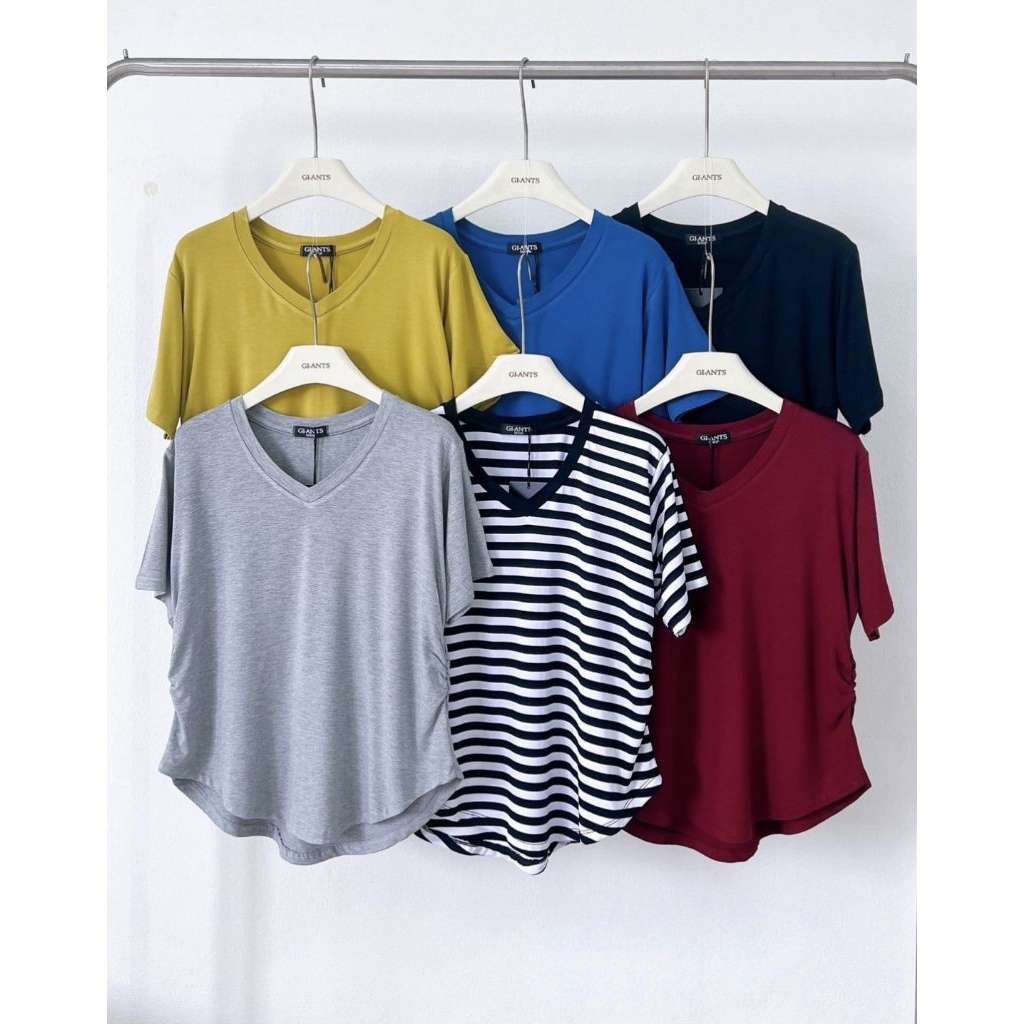 เสื้อยืดคอวีแขนสั้นเย็บจีบข้างผ้าเรย่อนพรีเมี่ยม ราคา ถูกที่สุด ดีลบีเคเค แกลเลอรีภาพที่ 2