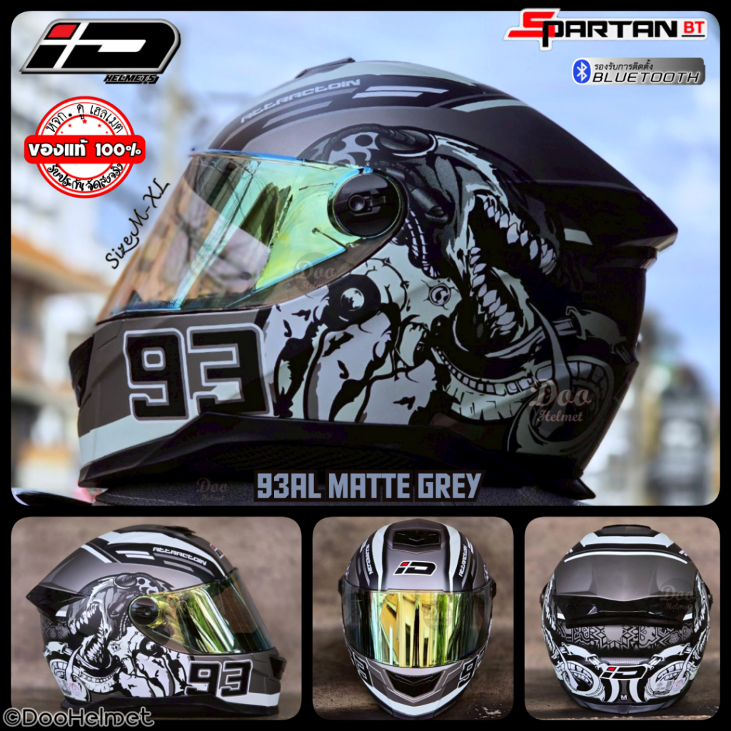 93 MatteGrey Spartan-BT หมวกกันน็อคเต็มใบ Index ID Spartan - BTล่าสุด 2025 รองรับบลูทูธนวมถอดซักได้ M-XL