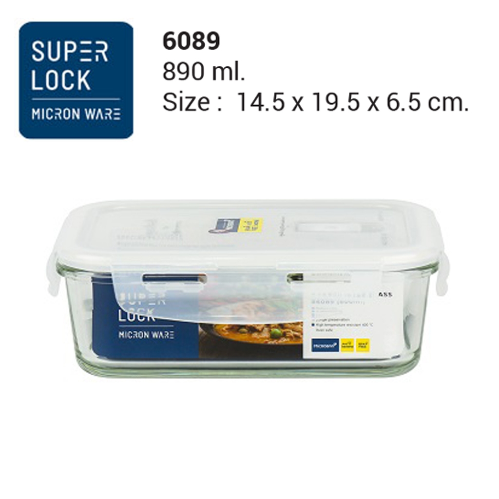 Superlock Glass รุ่น 6089 กล่องถนอมอาหารแก้ว แก้วบอโรซิลิเกต ฝาใส ซีลขาว ขนาด 890 มล.