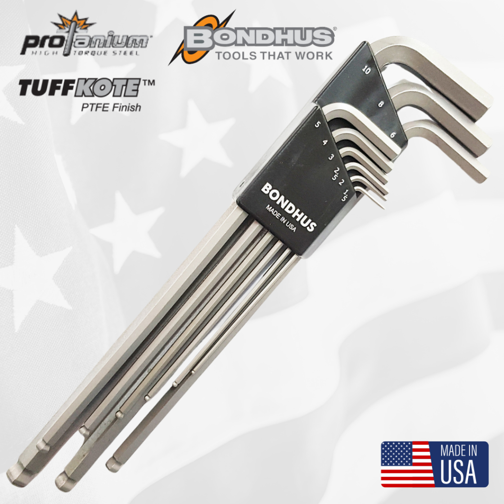 BONDHUS  ประแจหกเหลี่ยมตัวแอล หัวบอล แบบยาวพิเศษ 9ตัวชุด ขนาด 1.5 - 10mm.(มิล) No.17699 TUFF-KOTE