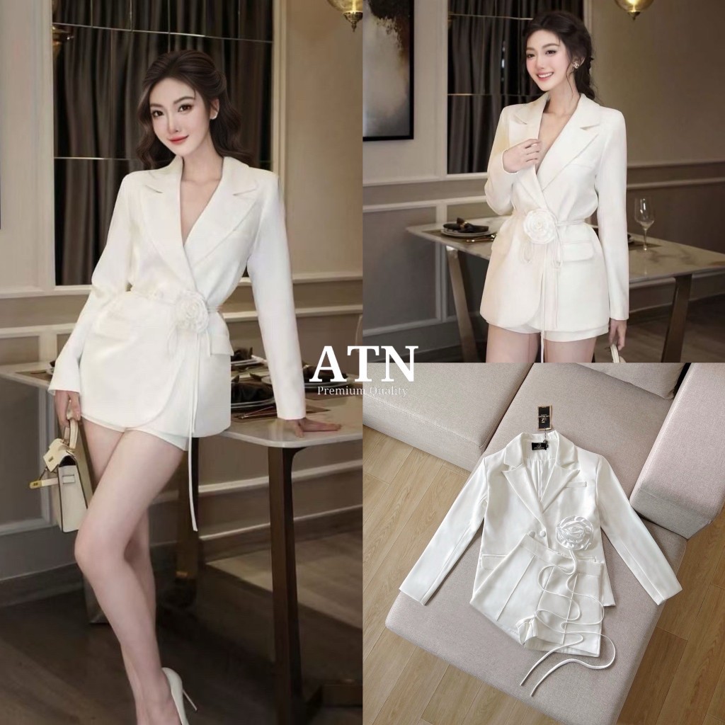 ❣️พร้อมส่ง📌 ATN 128 SET เสื้อสูทสีขาว+กางเกงขาสั้น+เชือกผูกเอวดอกไม้ ใส่เที่ยว ออกงาน ดินเนอร์ ปาร์ต