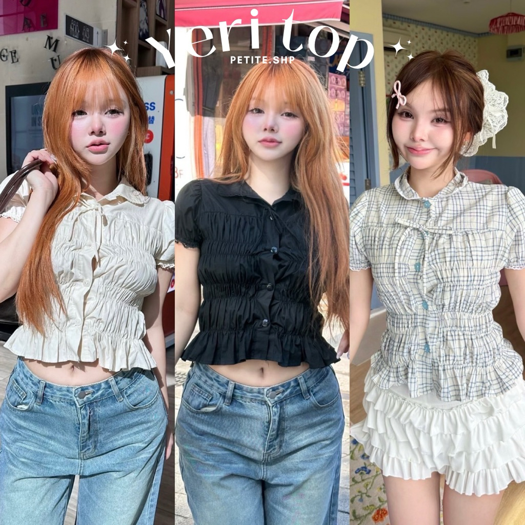 Petite♡︎ Yeri top เสื้อครอปคอปกกระดุมหน้า ดีเทลย่นๆ สไตล์สาวเกาหลี