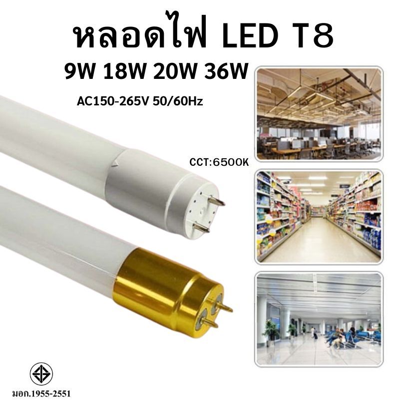 【เซ็ตใหญ่ส่งเร็ว】หลอดไฟ LED T8 แก้ว ติดตั้งง่าย หลายวัตต์ (9W/18W/20W/36W) สำหรับบ้าน-ออฟฟิศ ✅ขั้วขาว/ทอง