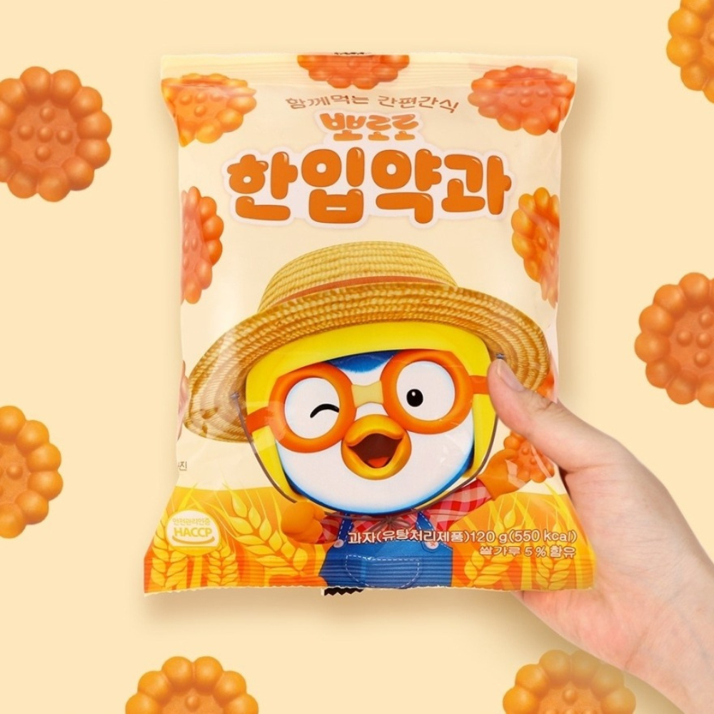 ขนมเกาหลี ยักกวา pororo yakhwa 뽀로로한입약과ขนมคุ๊กกี้อบน้ำผึ้งขนมโบราณเกาหลีกินตามซี่รีย์เกาหลี ขนาด120g.