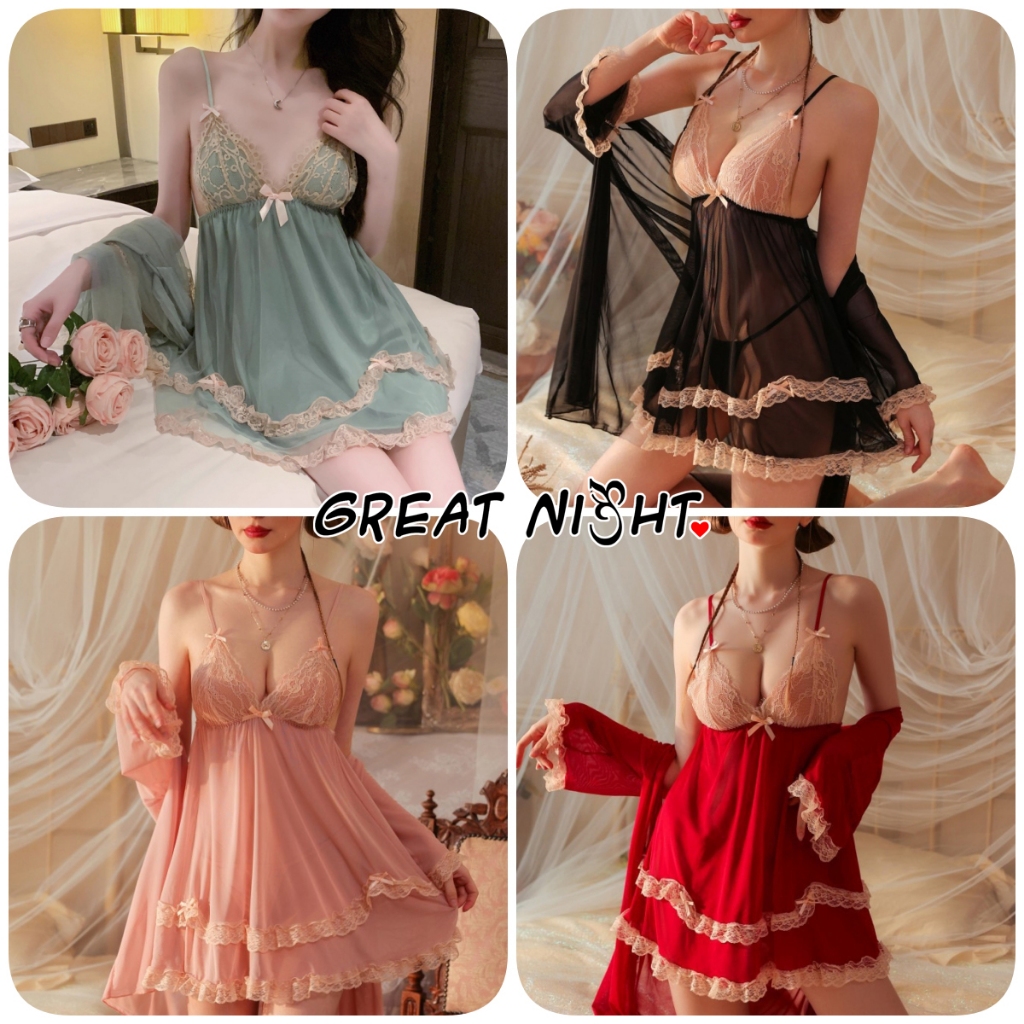 Great Night ชุดนอนสายเดี่ยว sexy เสื้อผ้าคลุมตัวนอกผ้าทูล งานปักดอกไม้ ชุดเซ็กซี่ สไตล์ยุโรป หรูหรา คุณภาพสูง