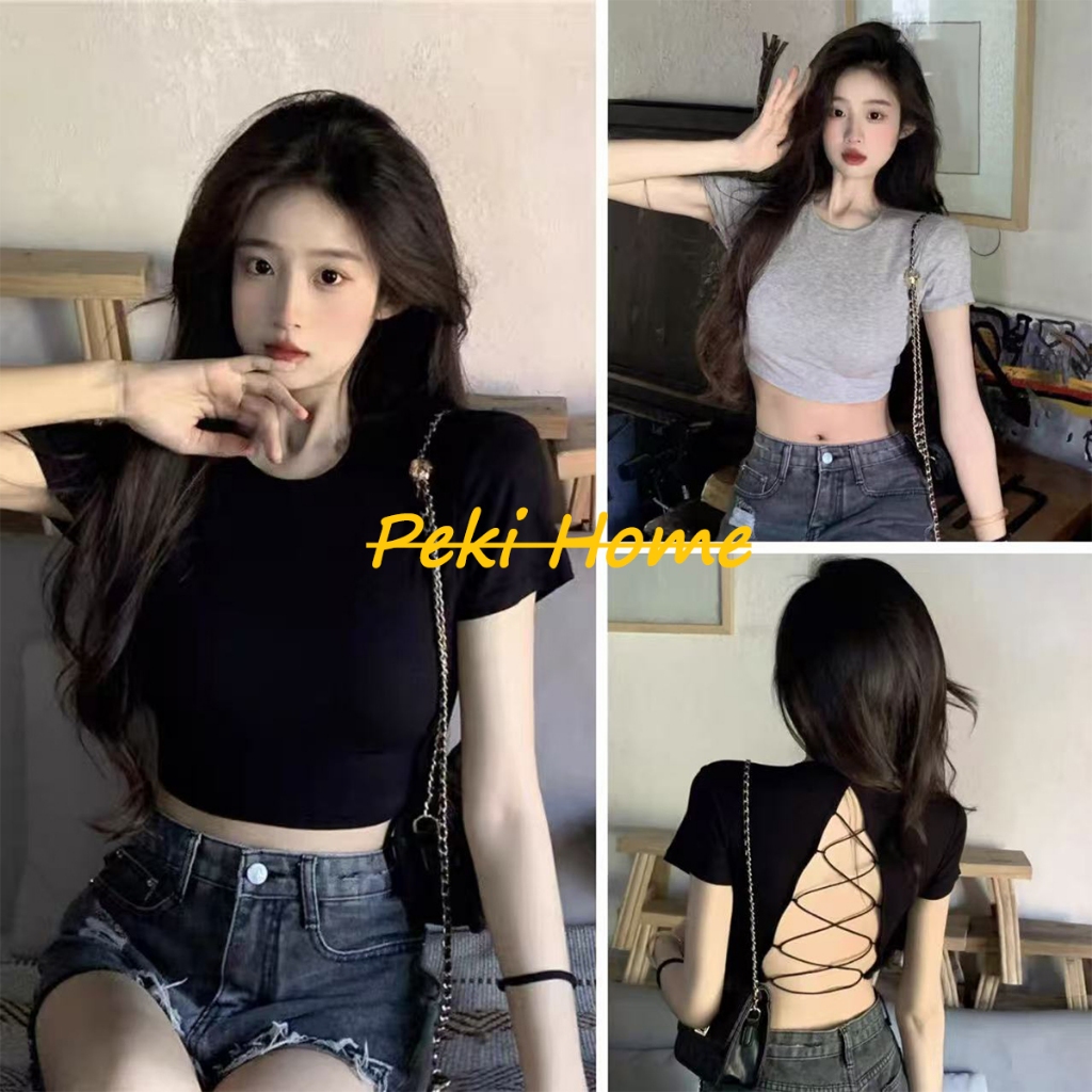 เสื้อครอปดีไซน์เว้าหลัง ทรงรัดรูป สไตล์อเมริกัน