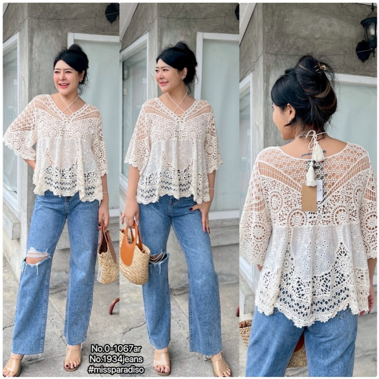 0-1067AR เสื้อถักคอวีลูกไม้ฉลุผูกเชือกชายหยัก ครีม