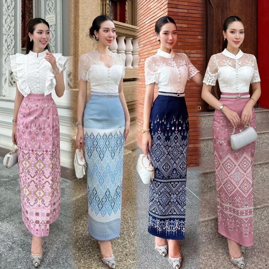 S-XXLชุดไทยประยุกต์ ใส่ทำบุญ เสื้อลูกไม้สีขาว+ผ้าถุง สีกรม,ชมพู,ฟ้า,ครีม+เข็มขัดมุก  #Cherish #Abigail #เสื้อดาวิกา