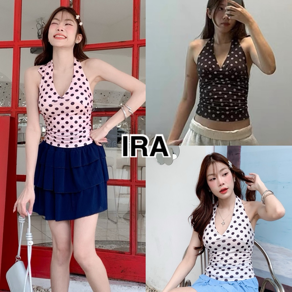 BY IRA 202520 🥰พร้อมส่ง😘 Dottie Tank เสื้อลายจุดสายเดี่ยวผูกคอ ดีเทลจับรูชช่วงเอวสุดเป๊ะ
