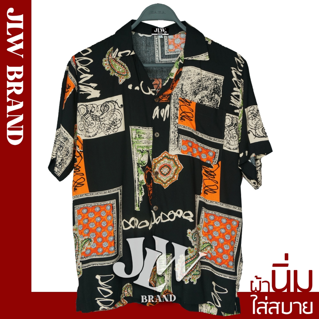 เสื้อฮาวาย ลายกรอบทอง ดำ ผ้านิ่ม M L XL Oversize คอฮาวาย JLW BRAND