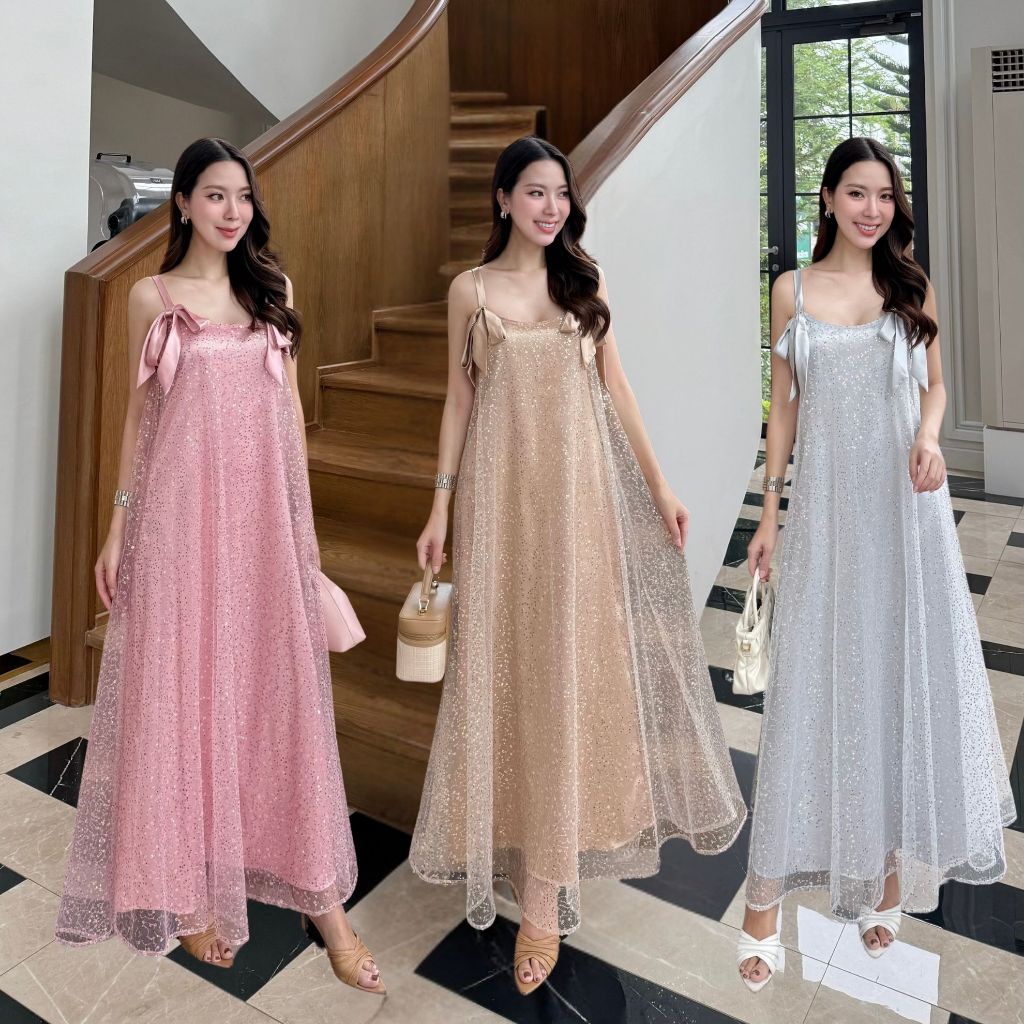 NOOZZSHOP 5911533 เดรสสายเดี่ยวยาวผ้าเครปกลิตเตอร์ ดีเทลงานโบว์สองข้าง