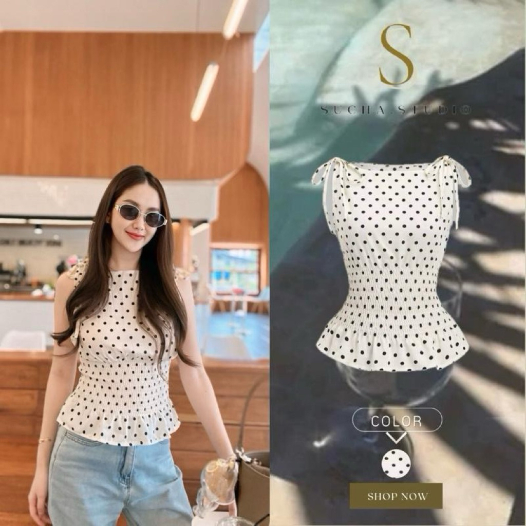 SUCHA : เสื้อเข้ารูปเอวสม็อคลายจุด ผูกโบว์ไหล่
