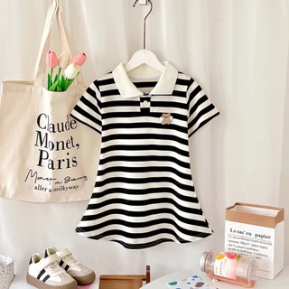เดรส โปโล คอเสื้อ แขนสั้น ลายทาง เด็กสาว ฤดูร้อน ชุดเด็กผู้หญิง 2ขวบ 3ขวบ 4ขวบ 5ขวบ 6ขวบ 100-140เซ็น