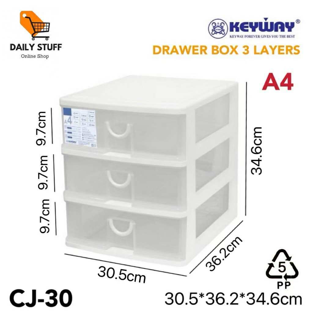 Keywayกล่องลิ้นชัก (ใส่A4ได้) ลิ้นชักอเนกประสงค์3ชั้น สีใส เเข็งเเรงทนทาน รุ่น CJ-30,CJ-40