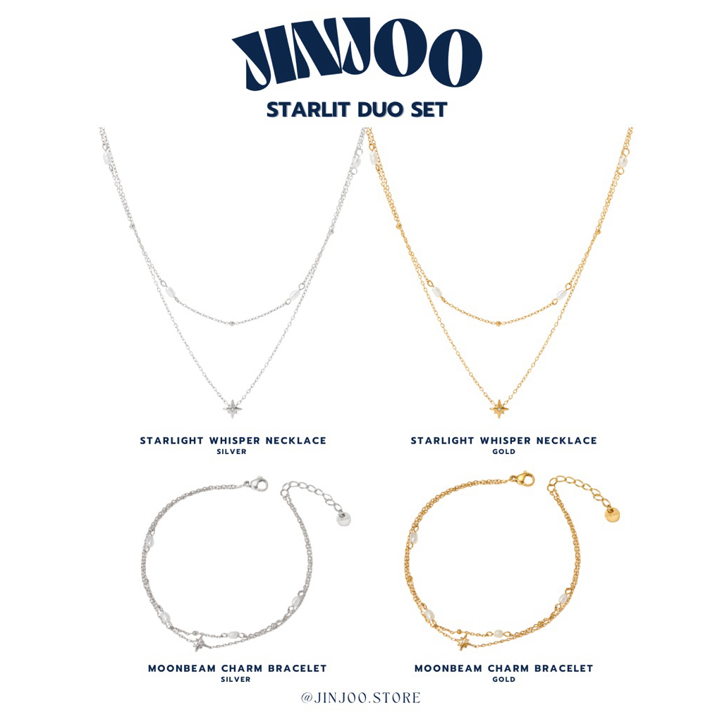 Jinjoo สร้อย+สร้อยข้อมือ รุ่น Starlit Duo Set  ดีไซน์ 2 เส้นติดกัน สแตนเลส ไม่ลอกไม่ดำ ใส่อาบน้ำได้ รหัส NA18 และ BB18
