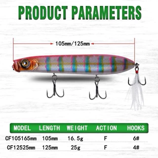 Top water เหยื่อตกปลาผิวน้ำ Pencil 105mm./16.5g. 125mm/25g. ตีชะโด สาก กระพง