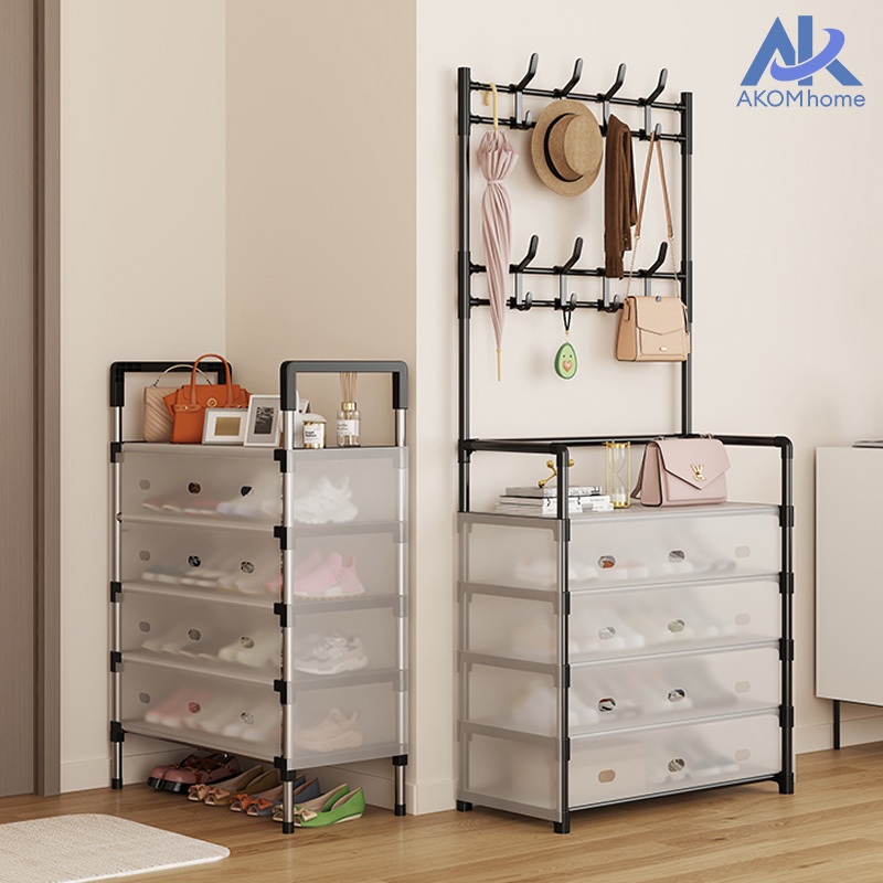 2IN1 ชั้นวางรองเท้า ราวแขวนเสื้อ ตู้เก็บรองเท้า ชั้นวางรองเท้าแบบมีตะขอ 5ชั้น ชั้นวางรองเท้าเหล็ก แผงป้องกันฝุ่น ทนทาน