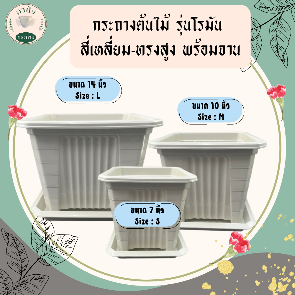 กระถางต้นไม้ รุ่นโรมัน สี่เหลี่ยม ทรงสูง สีขาว พร้อมจาน ขนาด 7 นิ้ว 10 นิ้ว 14 นิ้ว