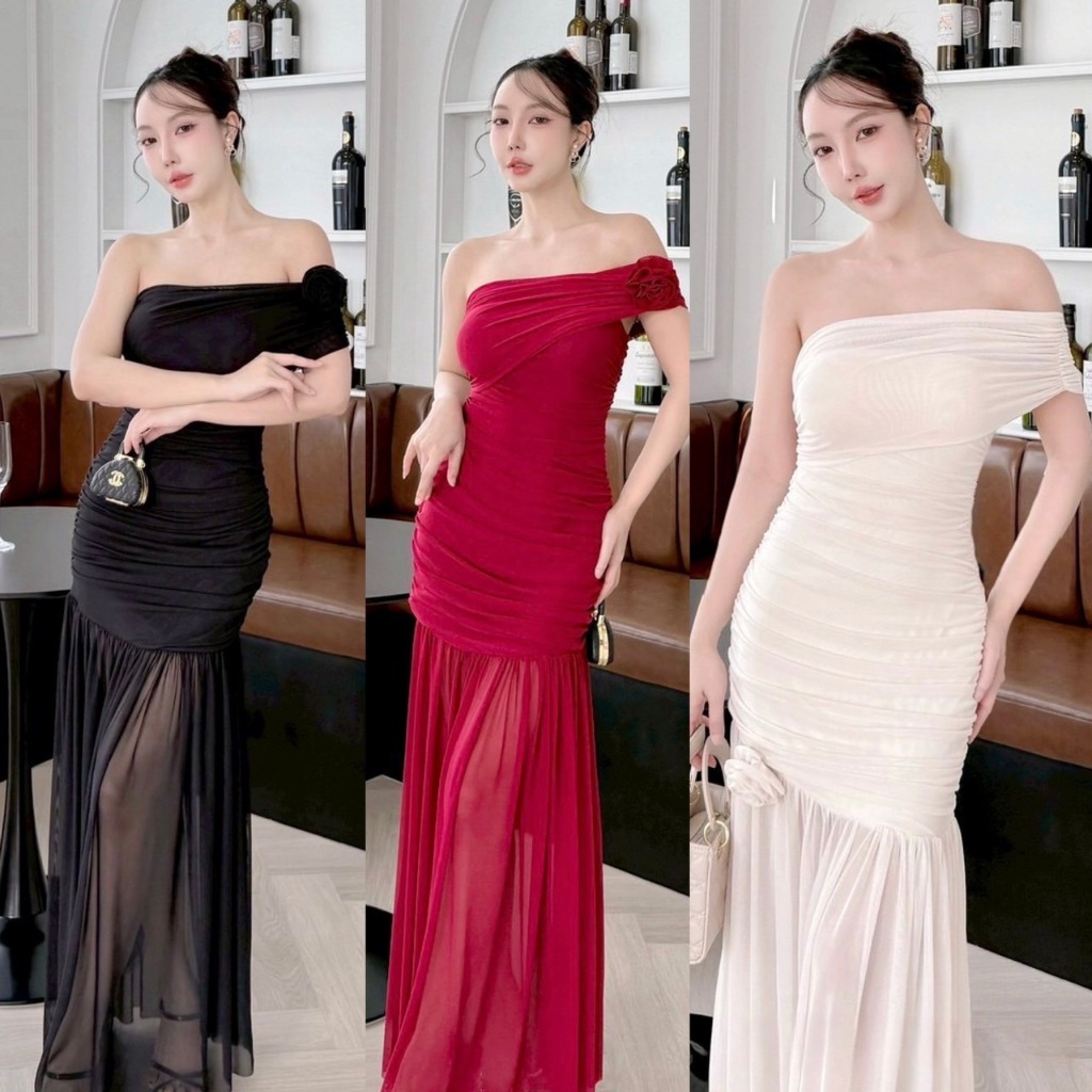 A405 - ชุดเดรสยาวปาดไหล่เฉียงแต่งดอกไม้ เดรสออกงาน ชุดไปงานแต่ง