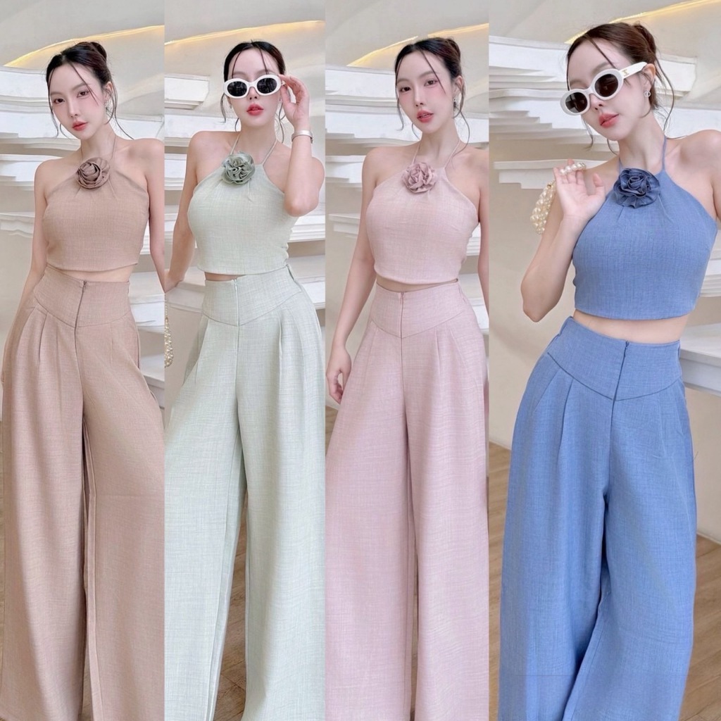 J31 - ชุดเซ็ตผ้าทอลาย เสื้อผูกคอแต่งดอกไม้ + กางเกงเอวสูง