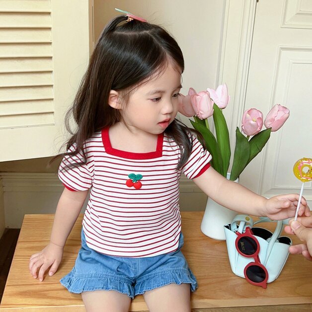 เสื้อครอปเด็กหญิง 1-7ขวบ เสื้อยืดเเขนสั้น คอสี่เหลียม ผ้าร่องยืดได้ หวายมาก งานปัก#22001 - รูปที่ 4