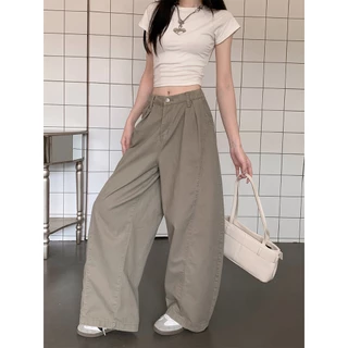 กางเกงยีนส์ผู้หญิงสีคาคีสไตล์เกาหลี Trendy แบบหลวม ขา flare ดีไซน์แฟชั่น