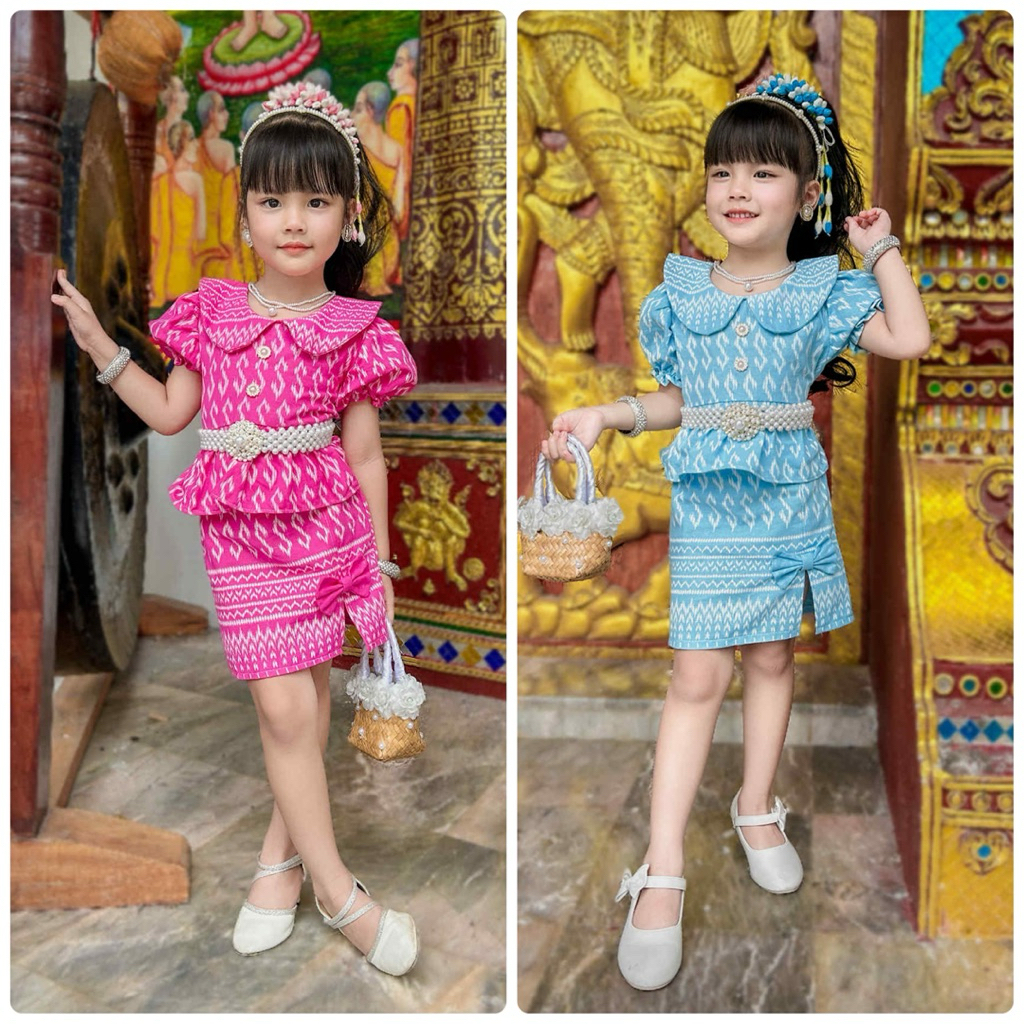 ชุดไทยเด็ก ผ้าฝ้ายพิมพ์ลายขอ เสื้อคอบัว กระโปรงเป็นเอวยืด