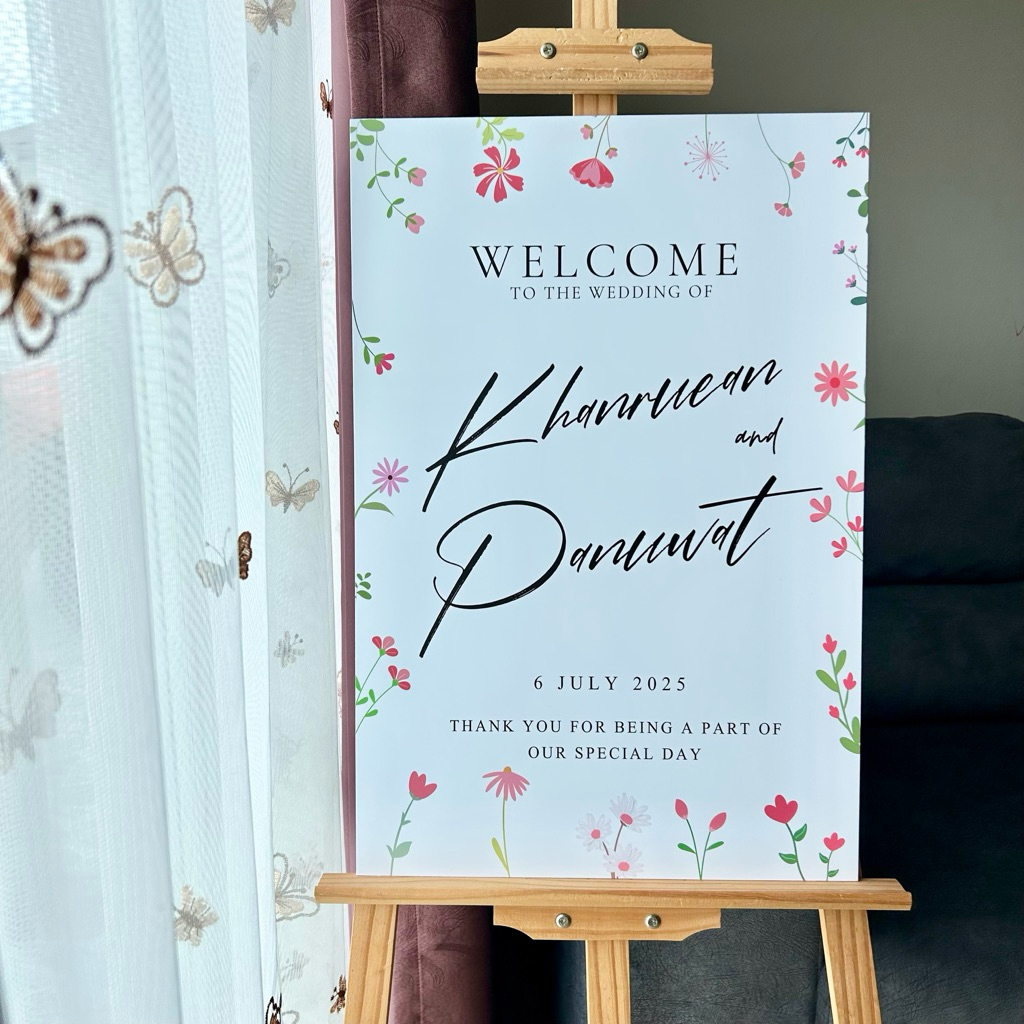 ป้ายตั้งหน้างานแต่ง ป้ายwelcome เขียนอวยพร ขนาดแนะนำ 40x60cm./50x75cm.