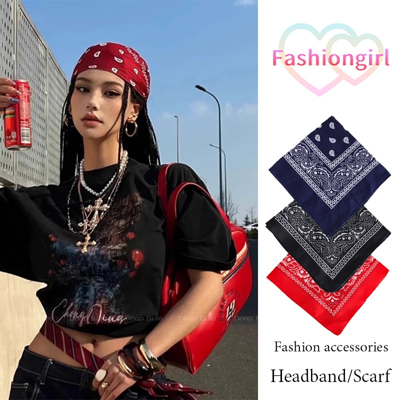 Fashion girl💮💮สไตล์ฮิปฮอป ผ้าคลุมศีรษะสุดเก๋ แฟชั่นสําหรับผู้หญิง เครื่องประดับ ผ้าพันคอไหมสุดหรูหรา สไตล์อเมริกัน