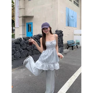 ส่งทันทีCici (NO. Y6325) เสื้อสายเดี่ยวสม็อครอบตัว ดีเทลลายริ้วตัวยาว สายปรับได้ แต่งเลเยอร์ 2 ชั้น สไตล์สาวหวานเกาหลี