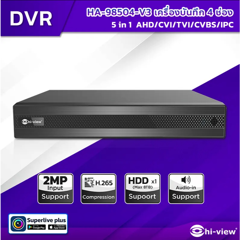 HI-View HA-98504-V3 เครื่องบันทึก DVR 4ช่อง รองรับ IP input 2 Ch, HDD Sata x1 up to 8TB.