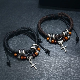 สร้อยข้อมือ กำไล ข้อมือ หนัง Multi-Layer Woven Leaf Pendant Men's Leather Bracelet Cross-Border