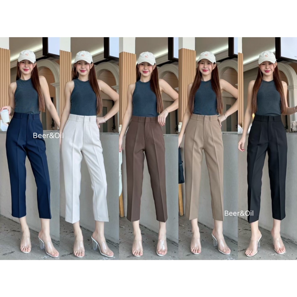 L0010  Beer&Oil กางเกงขายาวเอวสูงตะขอหน้า7ส่วน ผ้าไมโครแต่งดีไซน์หูเข็มขัด