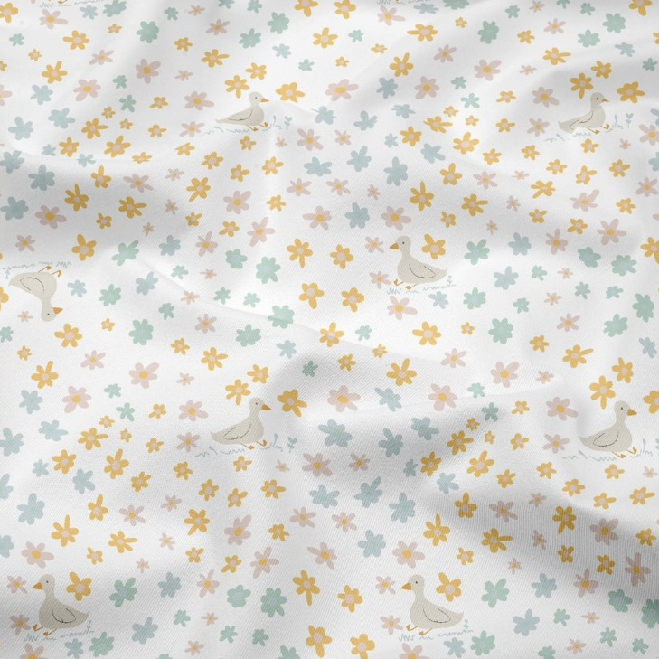 ผ้าคอตตอน 100% คอตตอนทอทวิล ผ้าเมตร ตัดขายเป็นเมตร ผ้าหน้ากว้าง 1.6 เมตร ลายเป็ดกับดอกไม้