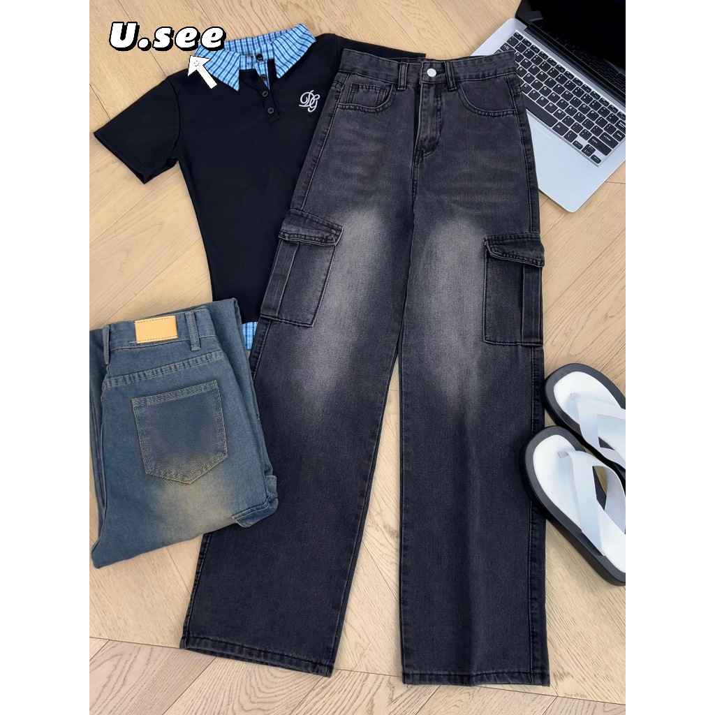 กางเกงยีนส์ กางเกงกระบอก สไตล์วินเทจ ทรงหลวม กระเป๋าใหญ่#1215