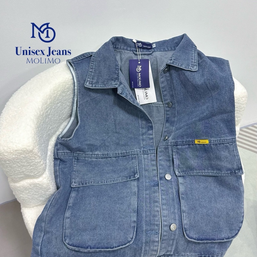 แจ็คเก็ตยีนส์แขนกุด สีฟ้า ดีเทล 2 กระเป๋าหน้า jacket jeans #MO8005