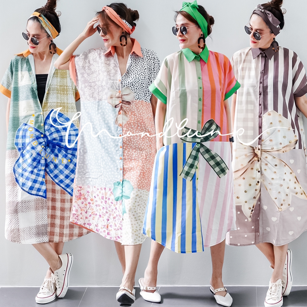 #4036 ชุดเดรสคอปกเชิ้ต แขนสั้น กระดุมผ่าหน้า มีกระเป๋าข้าง (มีเชือกผูกผมให้) ผ้าคอตต้อน พิมพ์ลายดิจิตอล