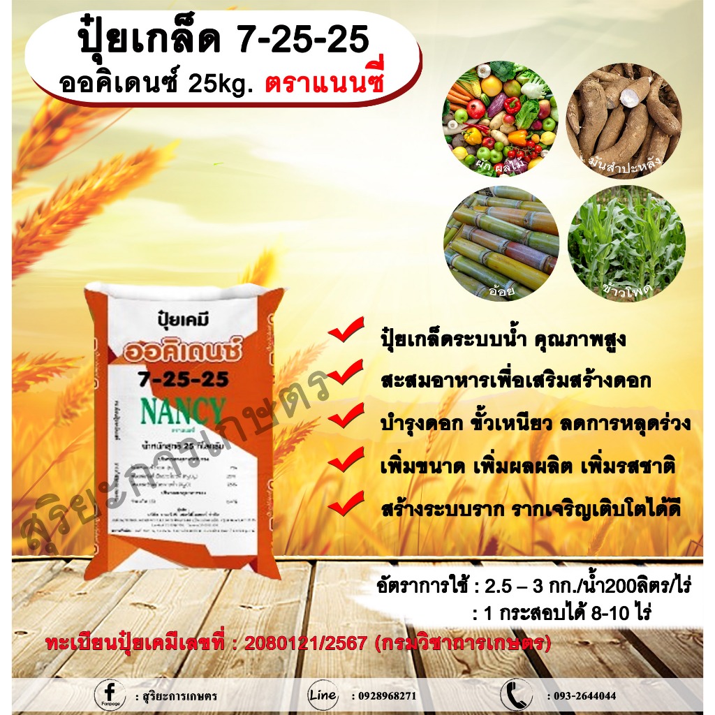 ปุ๋ยเกล็ด 7-25-25 ออคิเดนซ์ 25kg. ตราแนนซี่ ปุ๋ยระบบน้ำ ปุ๋ยเกล็ดระบบน้ำคุณภาพสูง สูตรเร่งสะสมอาหาร 