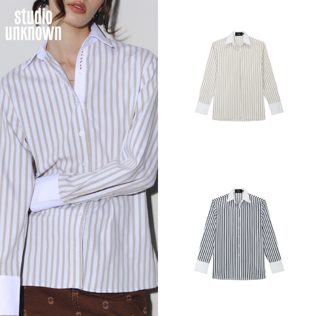 STUDIO UNKNOWN – Cindy Embroidered Shirts เชิ้ตลายริ้ว ปักตกแต่งบริเวณสาป