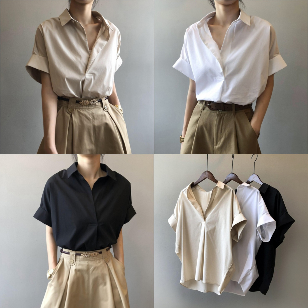 เสื้อเชิ้ตคอวีปกแขนสั้น เรียบง่ายและสดชื่น เสื้อผู้หญิงสามสี อารมณ์ดีและกระชับสัดส่วน