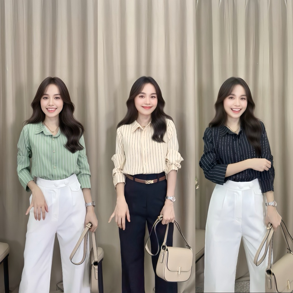เสื้อเชิ้ตลายริ้วผู้หญิง รุ่น Rosie Collar Top