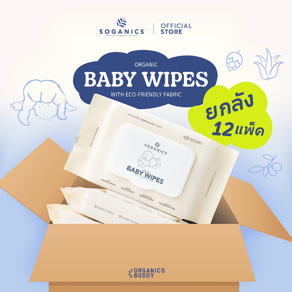 [ยกลัง 12 แพ็ค] SOGANICS Organic Baby Wipes (50 Sheets) ทิชชู่เปียก ผ้านุ่มละมุนจากใยธรรมชาติ100%