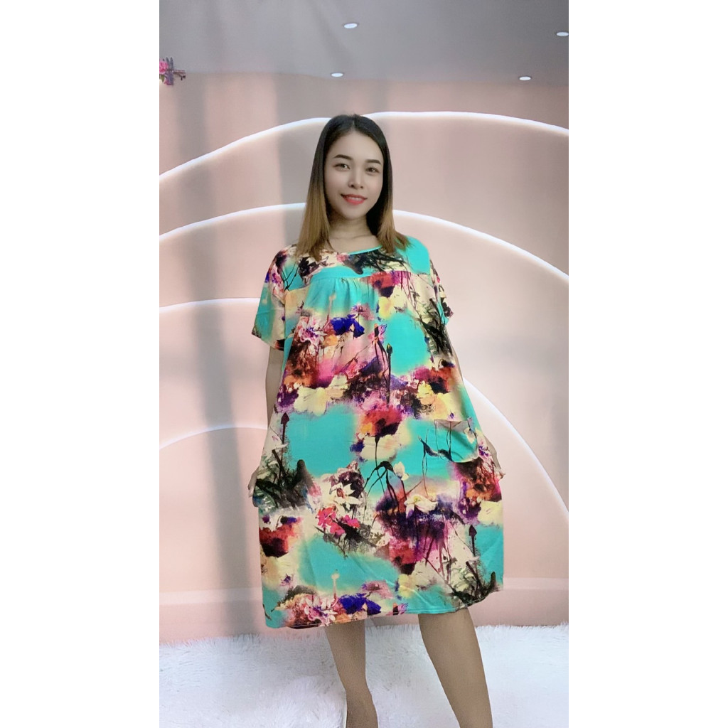 เดรสสาวอวบ ชุดเดรสแฟชั่น ผ้าสปัน อก38-48นิ้ว  คอกลม ชุดแซกยาวลายดอกไม้ รุ่น217