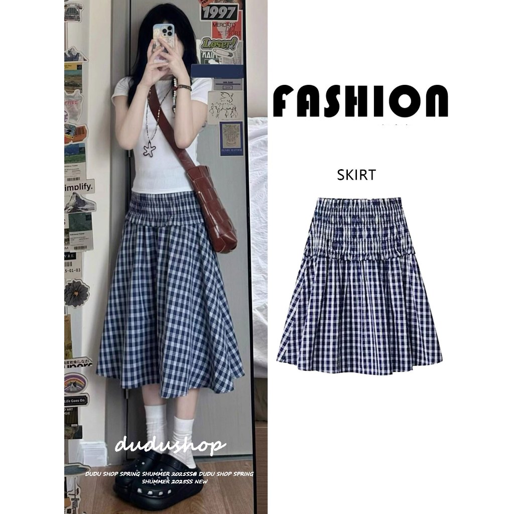 [Can be worn as a tube top]กระโปรงทรงเอ 2025 กระโปรงผู้หญิงฤดูร้อนสีตัดกันดีไซน์บุคลิกภาพกระโปรงลายสก็อต